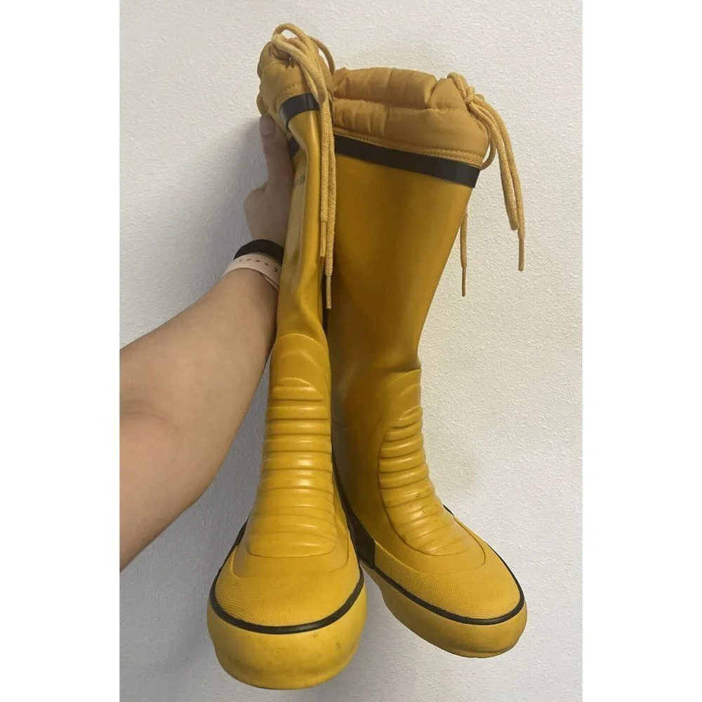 West Marine Tall Blue Yellow‎ Rubber Boat Deck Boots size 4 with drawstring